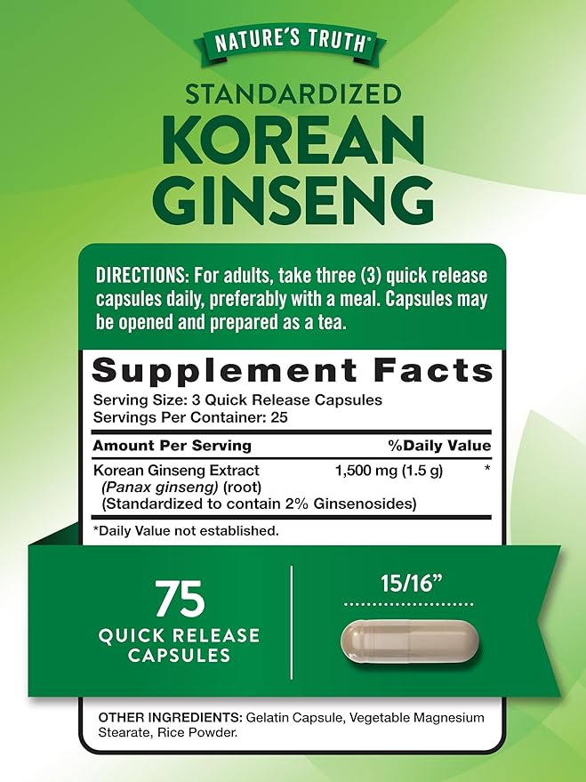 Nature's Truth Korean Ginseng Capsules | 75 Count | Standardized Extract | Non-GMO & Gluten Free Supplement