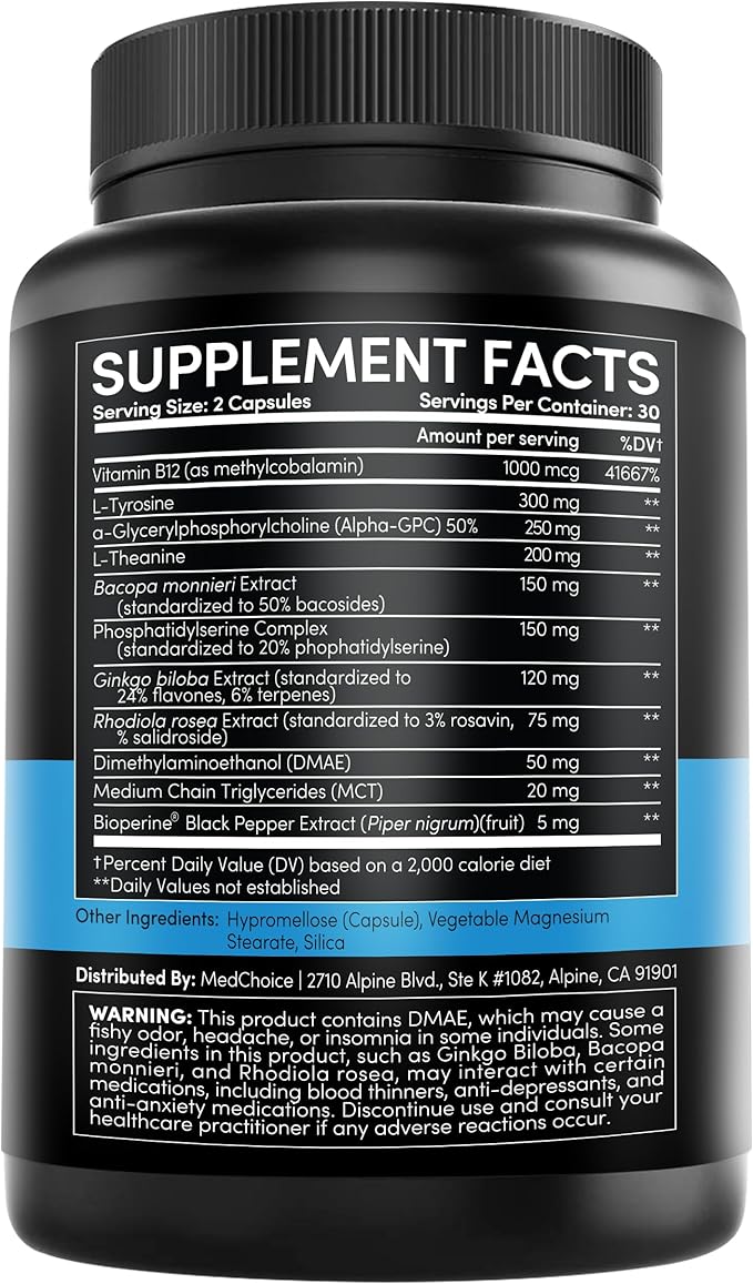 MEDCHOICE 12-in-1 Nootropic Ginkgo Biloba for Brain Support, Memory and Focus - B12, Alpha GPC, L Theanine and Choline Supplements with Bioperine Non Caffeinated 1321mg (240ct)