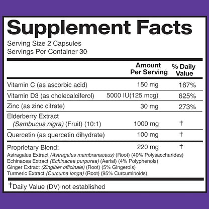 American Standard Supplements Elderberry Extract with Quercetin, Vitamin C, D3, Ginger, Zinc, Turmeric & Echinacea – Immune Support Supplement – – 60 Capsules