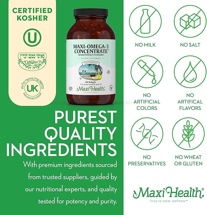 Maxi Health Omega 3 Supplement - Omega-3 Fish Oil Concentrate - Higher Potency Source of EPA/DHA Fatty Acids - Heart, Brain & Joint Health - Wild Caught Marine Fish - 180 Vegetarian Softgels
