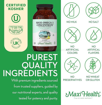 Maxi Health Omega 3 Supplement - Omega-3 Fish Oil Concentrate - Higher Potency Source of EPA/DHA Fatty Acids - Heart, Brain & Joint Health - Wild Caught Marine Fish - 180 Vegetarian Softgels