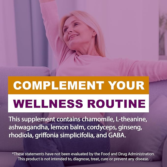 Stress & Relaxation, Mental Focus Supplement, Lemon Balm Capsules with Ashwagandha for Men/Women, Daily Wellness Support, Ashwagandha Pills with Ginseng, Chamomile & More, 60 Capsules