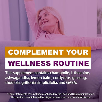 Stress & Relaxation, Mental Focus Supplement, Lemon Balm Capsules with Ashwagandha for Men/Women, Daily Wellness Support, Ashwagandha Pills with Ginseng, Chamomile & More, 60 Capsules