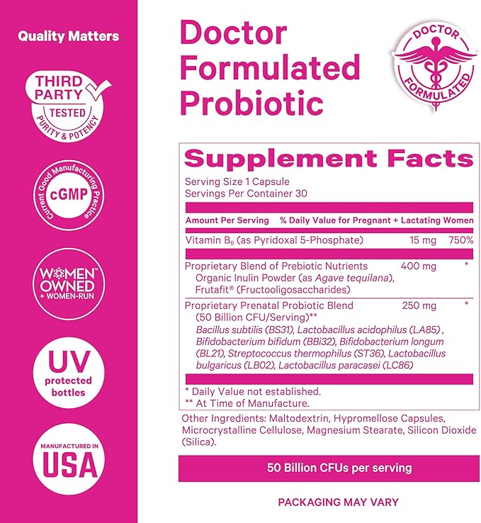 Pink Stork Prenatal Probiotics for Women - 50 Billion CFU, Vitamin B6, Prebiotics, Morning Sickness, Gut Microbiome, Pregnancy Probiotic, Immune Support, Pregnancy Must Haves - 30 Capsules