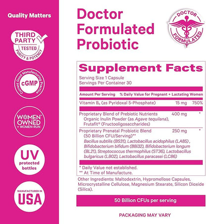 Pink Stork Prenatal Probiotics for Women - 50 Billion CFU, Vitamin B6, Prebiotics, Morning Sickness, Gut Microbiome, Pregnancy Probiotic, Immune Support, Pregnancy Must Haves - 30 Capsules