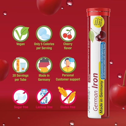 T&D German Iron 14 mg - 240 Vegan Drink Effervescent Tablets - Cherry Flavor - Made in Germany