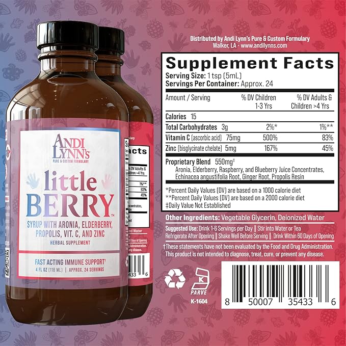 Andi Lynn’s LittleBerry, Elderberry Syrup for Kids with Vitamin C & Zinc, Fast-Acting Immune Support Herbal Supplement, 4 oz (3-Pack)