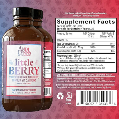 Andi Lynn’s LittleBerry, Elderberry Syrup for Kids with Vitamin C & Zinc, Fast-Acting Immune Support Herbal Supplement, 4 oz (3-Pack)