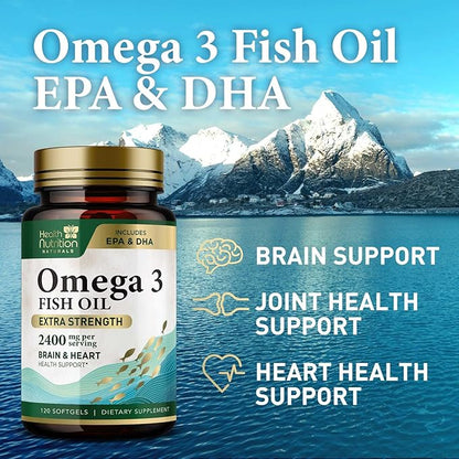 Omega 3 Fish Oil Triple Strength 1200 mg Softgels, Omega-3 Supplements, Natural Brain Heart Health & Immune Support - Fatty Acids with EPA & DHA - Wild Caught Fish Oil Supplement - 120 Softgels