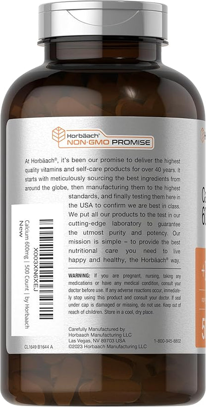 Horbäach Calcium Supplement with Vitamin D3 | 600 mg | 500 Coated Caplets | Non-GMO and Gluten Free