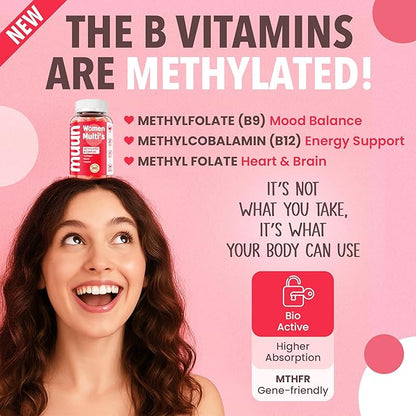 Muun Methylated Multivitamin Gummy for Women 14+, Beauty, Focus & Energy Support, Vitamin B Complex, Low Iron, Methyl Folate, Sugar-Free, Non-GMO