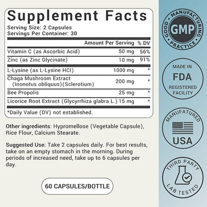 (3-Pack) Cold Sore Treatment For Lips With Immune Support | L-Lysine 1000mg Capsules, Chaga, Bee Propolis, Vitamin C, Zinc & Licorice Root Extract | Non-GMO, Vegetarian, 180 Capsules for Men and Women
