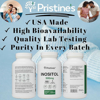 PRISTINE'S Myo Inositol PCOS Supplement Capsules - 500mg 180 Day Supply - Healthy Hormonal, Ovarian & Fertility Support Supplements - Vegan, Gluten Free, Non GMO