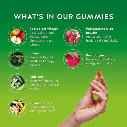 Apple Cider Vinegar Gummies – Metabolism & Detox Support with Vitamins B6, B12, Iodine & Folic Acid – Vegan. Balanced Gut (90 Gummies)