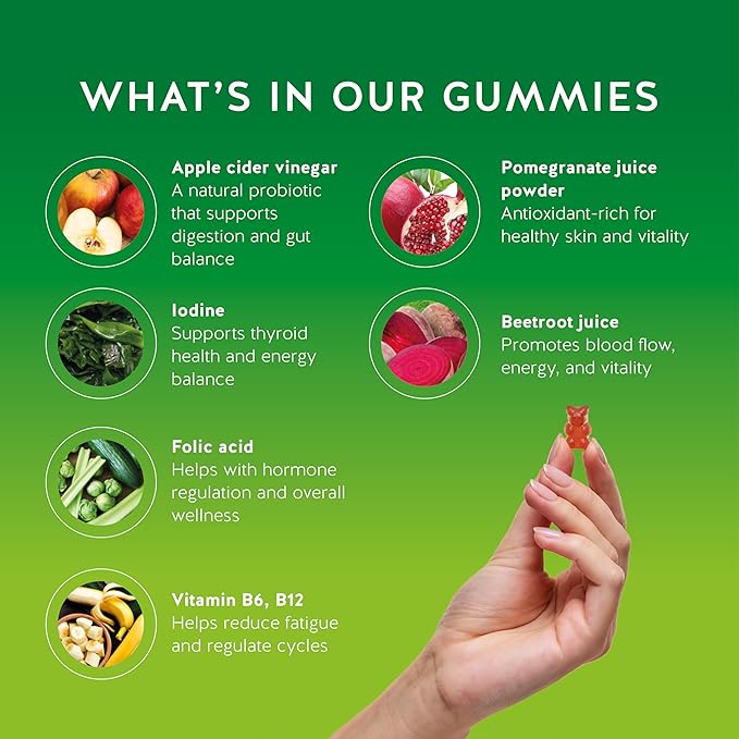 Apple Cider Vinegar Gummy Bears - Metabolism Booster Complex with Vitamin B6, B12, Iodine, Folic Acid - Well-Being & detoxification - Vegan - Balanced Gut (30 Gummies)