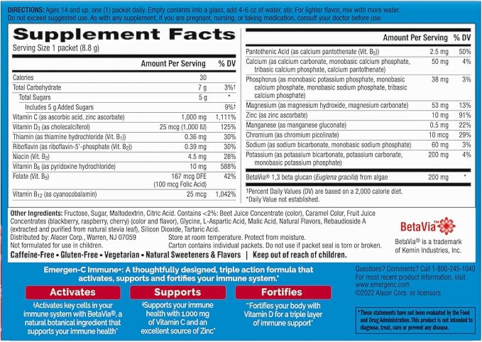 Emergen-C Immune+ Triple Action Immune Support Powder, BetaVia (R), 1000mg Vitamin C, B Vitamins, Vitamin D and Antioxidants, Raspberry – 30 Count