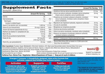 Emergen-C Immune+ Triple Action Immune Support Powder, BetaVia (R), 1000mg Vitamin C, B Vitamins, Vitamin D and Antioxidants, Raspberry – 30 Count