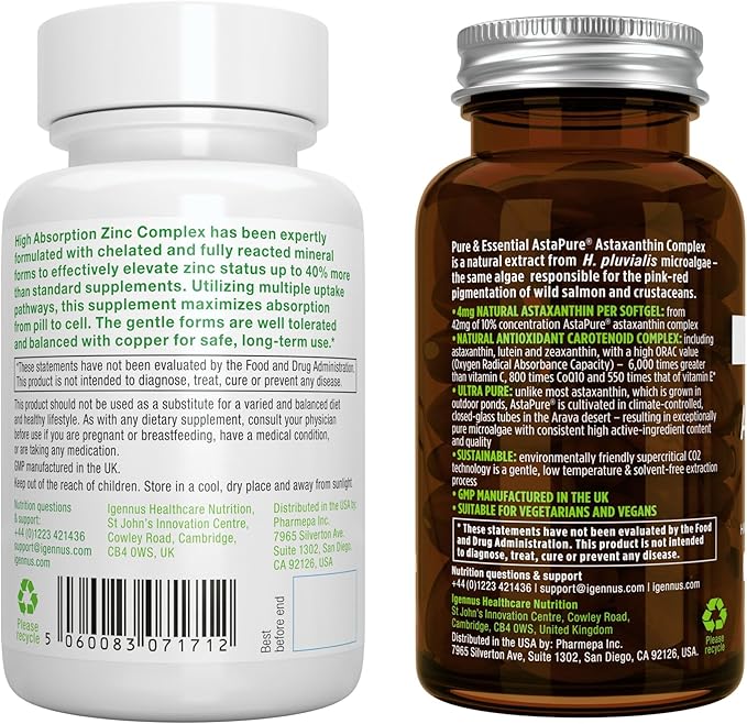 Astaxanthin Complex + Zinc Complex Vegan Bundle, Antioxidant Support for Skin, Hair & Nails, by Igennus