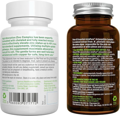 Astaxanthin Complex + Zinc Complex Vegan Bundle, Antioxidant Support for Skin, Hair & Nails, by Igennus