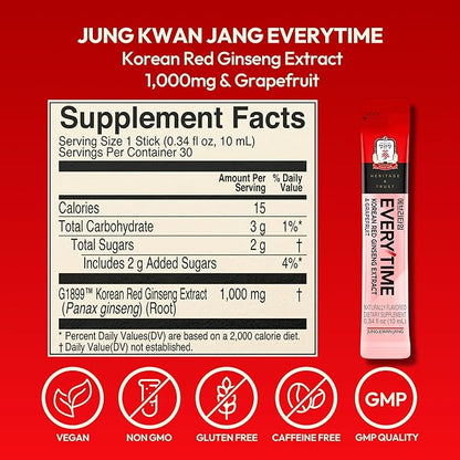 Everytime Korean Red Ginseng Extract 1,000mg & Grapefruit - Vegan Ginseng Root Energy Drink Liquid Stick Supplements - Builds Stamina & Immunity, No Caffeine (30 Sticks, 0.34 fl oz)
