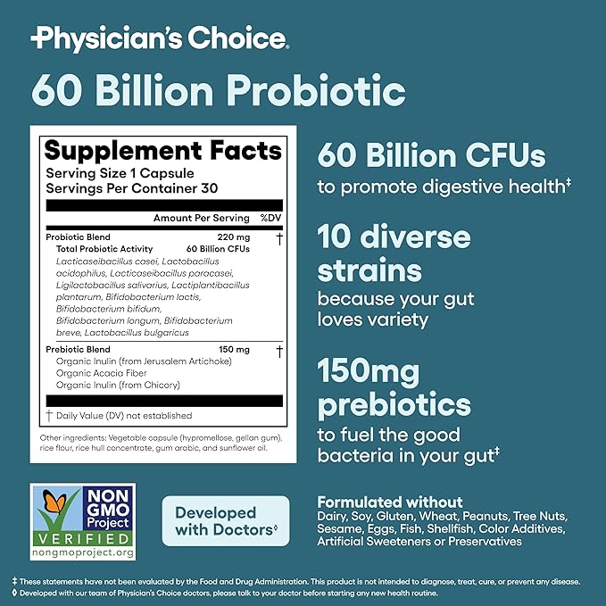 Physician's CHOICE Advanced Gut Health Bundle: 60 Billion Probiotics 30ct + Digestive Enzymes 60ct for Digestive, Gut, and Immune Health Supports Occasional Constipation, Diarrhea, Gas, and Bloating