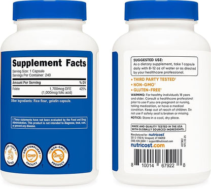 Nutricost Folic Acid (Vitamin B9) 1000 mcg, 240 Capsules