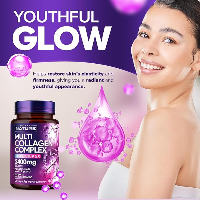Built by Nature Collagen Pills – Multi Collagen Peptides Complex Supplement for Women – Type I, II, III, V, X for Hair, Skin, Nails, Joints & Bone Health - Hydrolyzed, Grass-Fed - 120 Capsules