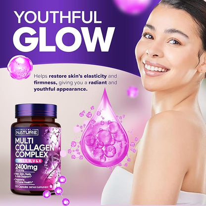 Built by Nature Collagen Pills – Multi Collagen Peptides Complex Supplement for Women – Type I, II, III, V, X for Hair, Skin, Nails, Joints & Bone Health - Hydrolyzed, Grass-Fed - 120 Capsules