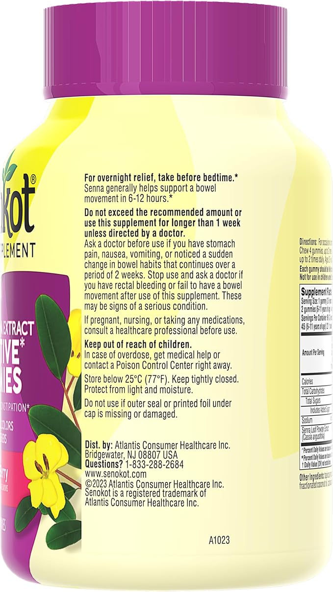 Senokot Dietary Supplement Laxative Gummies, Natural Senna Extract, Gentle, Overnight Relief from Occasional Constipation, Mixed Berry Flavor, 90 Count
