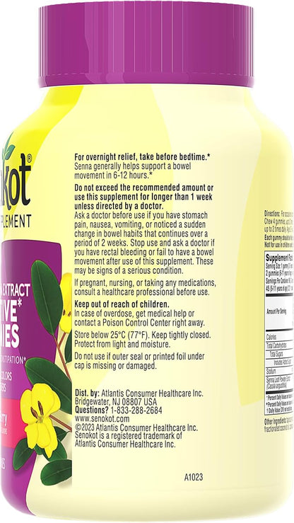 Senokot Dietary Supplement Laxative Gummies, Natural Senna Extract, Gentle, Overnight Relief from Occasional Constipation, Mixed Berry Flavor, 90 Count