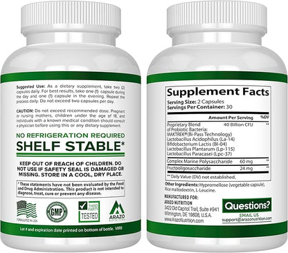 Arazo Nutrition Probiotic 40 Billion CFU - Shelf Stable with Prebiotics and Acidophilus - Stable Potency Until Expiration – Time Delay Release Probiotics