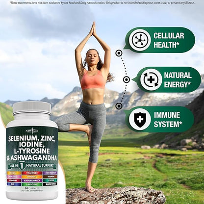 Selenium, Zinc, Iodine, L Tyrosine, Ashwagandha - Thyroid Support Supplement for Women and Men with Bladderwrack, Turmeric, Silica Kelp, Schisandra - 60 Count