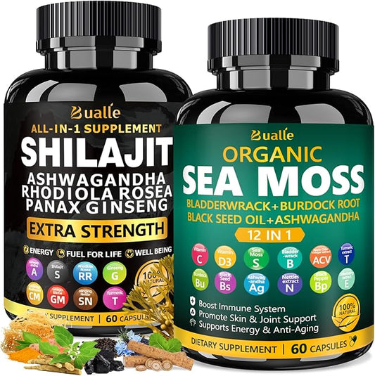 Sea Moss for Women & Shilajit for Men Supplement with Black Seed Oil, Ashwagandha, Maca & Ginger - Immune Support & Energy Booster - 120 Vegan Capsules - Organic Herbal Complex