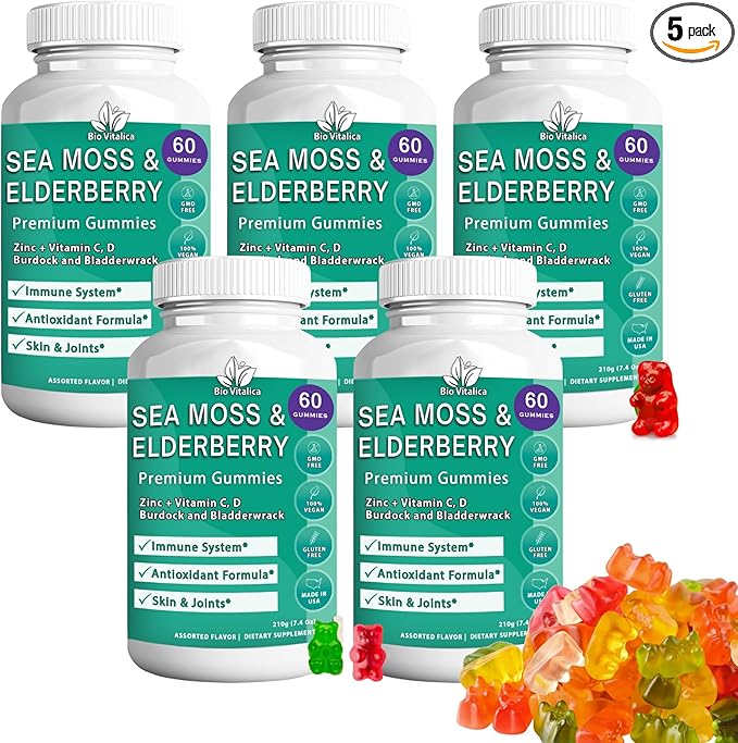 BIO VITALICA Sea Moss Gummies Elderberry BioVitalica - Vitamin C D + Zinc - Irish Seamoss Vegan Gummy with Sea Moss Gel & Powder for Immunity, Detox - for Adults and Kids (5Packs)