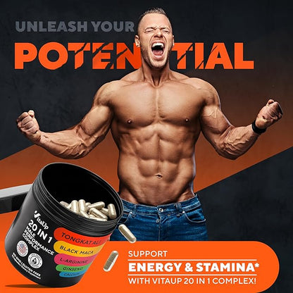 Tongkat Ali for Men 20 in 1 with Astragalus - USA Made Mens Supplement Complex with Black Maca Root, L-Arginine, Ginseng, Calcium, Astragalus for Normal Strength & Endurance Support - 90 Caps