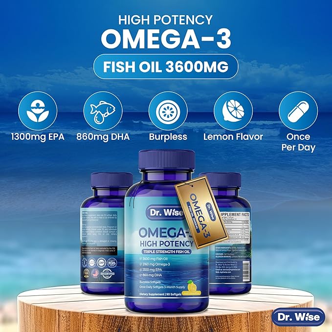 Dr. Wise Omega-3 Fish Oil 3600mg - One Per Day - Triple Strength EPA 1300mg & DHA 860mg - Burpless Lemon Flavor - Heart, Brain & Joint Support - High Potency Supplement - 90 Softgels - Made in USA.