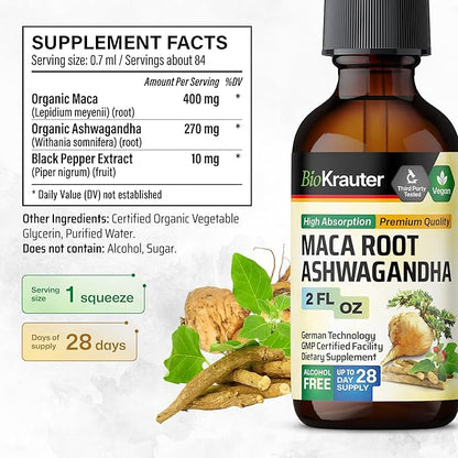 BIO KRAUTER Maca Root and Ashwagandha Tincture - Maca & Ashwagandha Supplements for Men & Women - Liquid Supplement for Mood Support - Alcohol and Sugar Free - Vegan Drops 2 Fl.Oz.