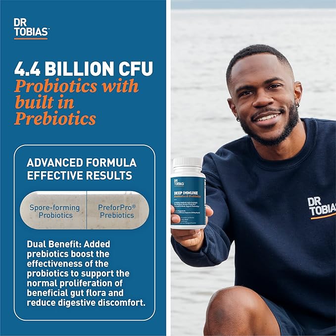 Dr. Tobias Deep Immune Probiotics & Prebiotics, Dual Action Digestion & Immune Support with PreforPro Prebiotics & Delayed Release Spore Forming Probiotics for Women & Men, 180 Capsules, 90 Servings