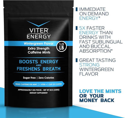 Viter Energy Extra Strength Caffeinated Mints 80mg Caffeine, B Vitamins, Sugar Free. (Wintergreen, 8oz, Bulk Bag)