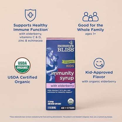 Mommy's Bliss Organic Elderberry Syrup & Immunity Boost With Vitamins, Prebiotics & Echinacea for Kids & Adults 1 yr+, 3 Fl Oz