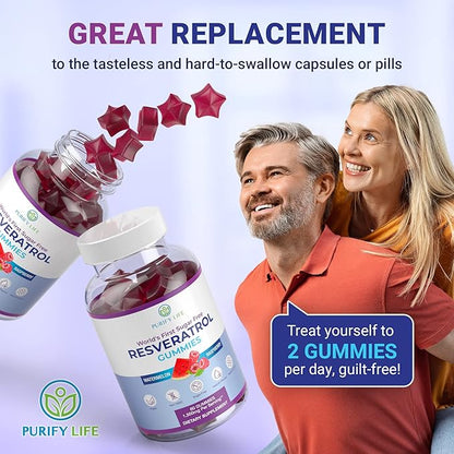 Purify Life Sugar-Free Resveratrol Gummies - Potent 1500mg Resveratrol Supplement to Support Digestive & Immune Health - Supplement for Antioxidant Support, Cell Regenerator & Repair
