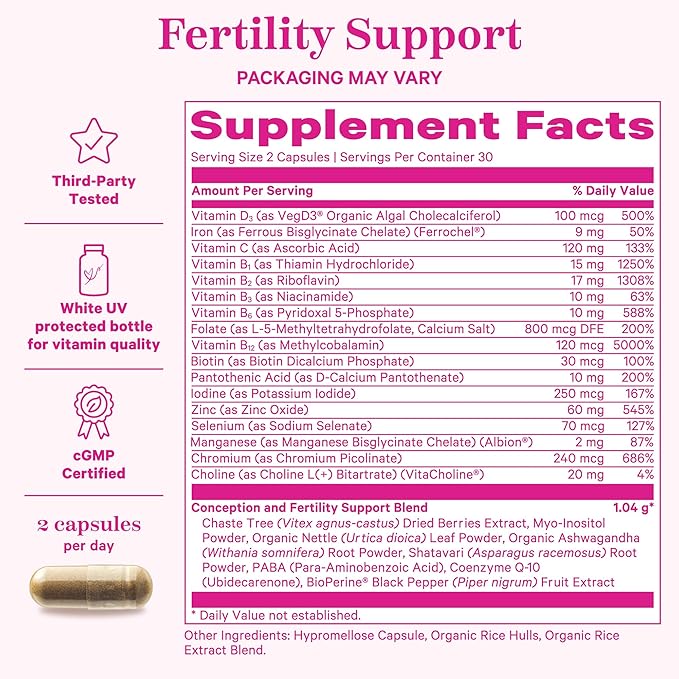 Pink Stork Fertility Supplements for Women - Prenatal Multivitamin with Ovulation, Conception, & Hormone Balance Support - 17 Vitamins & Inositol, Ashwagandha, & Vitex - 120 Capsules