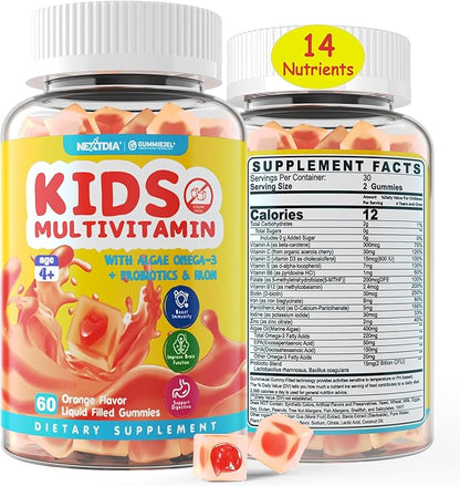 Sugar Free Kids Multivitamin Gummies (Made in USA) with Iron, Probiotics, Vegan Omega 3 (EPA/DHA), Kids Daily Vitamins A, C, D, B Complex, for Healthy Growth, Boost Immunity, Orange Flavor, 60 Count