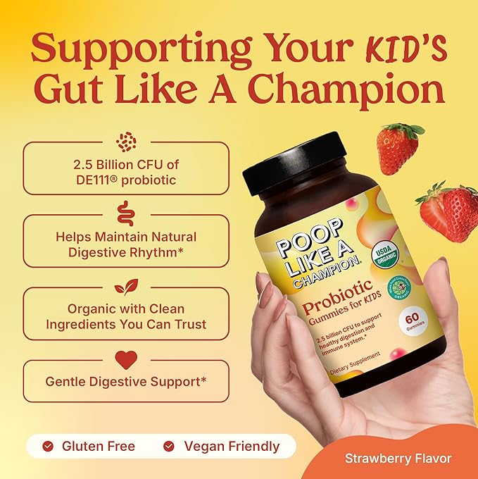 Poop Like a Champion Probiotic Gummies for Kids – USDA Organic, Vegan, Non-GMO, Gentle Digestive Health Support, 60 Gummies