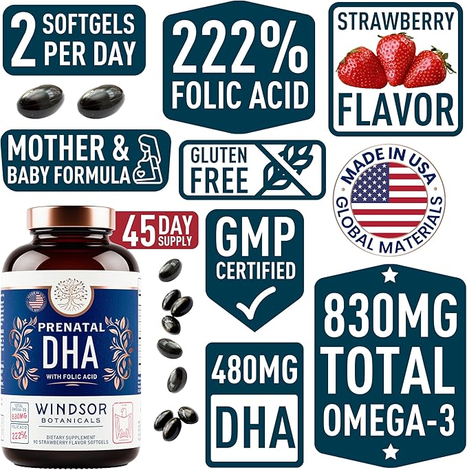 Prenatal DHA and Folic Acid - 830mg Omega-3 (DHA + EPA Fish Oil), 800mcg Folic Acid - High-Potency Prenatal Vitamins for Women - Supports Fetal Development & Baby’s Brain - 90 Strawberry Softgels