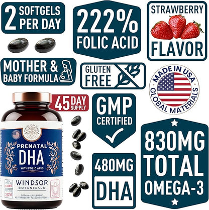 Prenatal DHA and Folic Acid - 830mg Omega-3 (DHA + EPA Fish Oil), 800mcg Folic Acid - High-Potency Prenatal Vitamins for Women - Supports Fetal Development & Baby’s Brain - 90 Strawberry Softgels