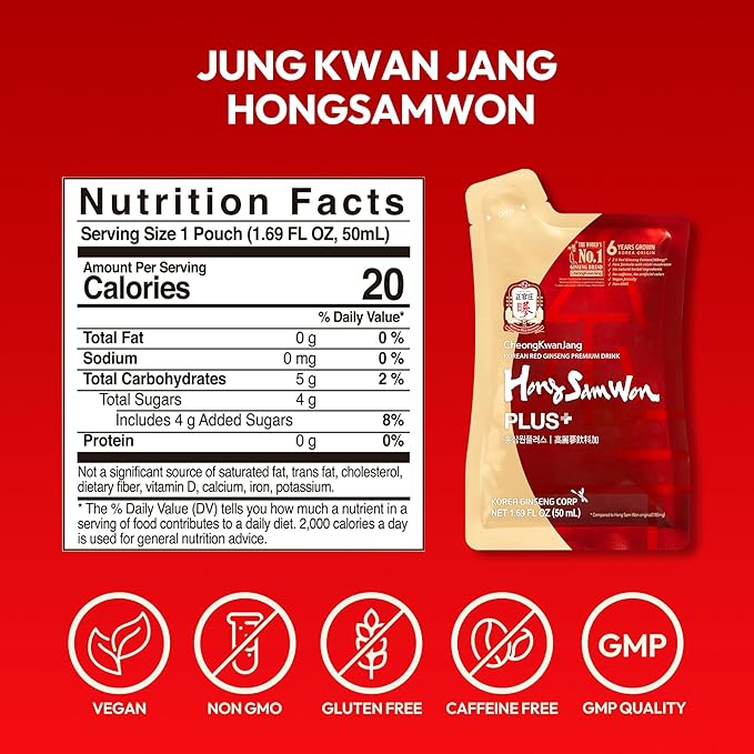 HongSamWon Plus - Korean Red Ginseng Tea, Pre and Post Workout Herbal Energy Drink with Jujube & Reishi Mushroom - Caffeine Free, Gluten Free, Non-GMO (30 Pouches, 1.69 fl oz)