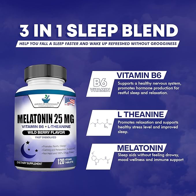 Melatonin 25mg Per One Tablet, 120 Chewable Tablet with L-Theanine & Vitamin B-6, Supports Healthy Sleep Cycle , Promotes Calming & Restful Sleep, Vegan, NON GMO, Made In USA