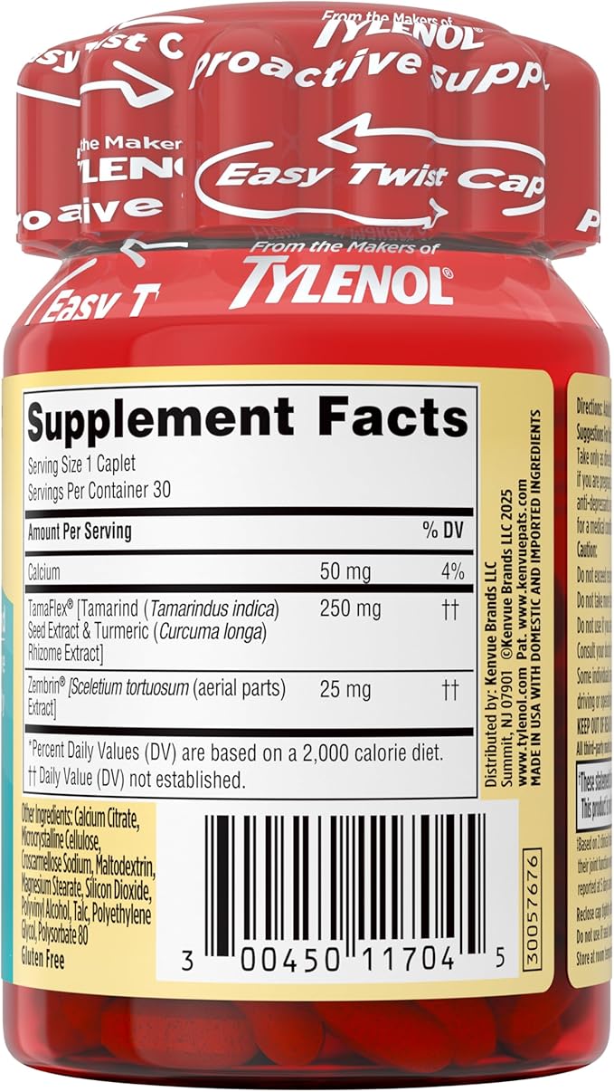 Tylenol Proactive Support* Muscle & Joint Supplements + Stress, Tamarind + Turmeric Supplement + Sceletium Extract to Improve Joint Comfort & Flexibility*, Acetaminophen Free, 30 ct
