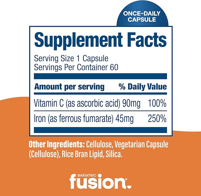 Bariatric Fusion Iron Supplement 45mg with Vitamin C | 1 Per Day | Vitamins for Women and Men | Gluten, Dairy and Soy Free | Non-GMO | 60 Count